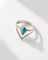 Silver ring with a turquoise gemstone on a white background