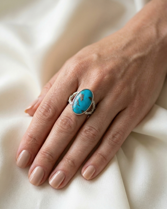 Hand wearing a turquoise ring on a white fabric background